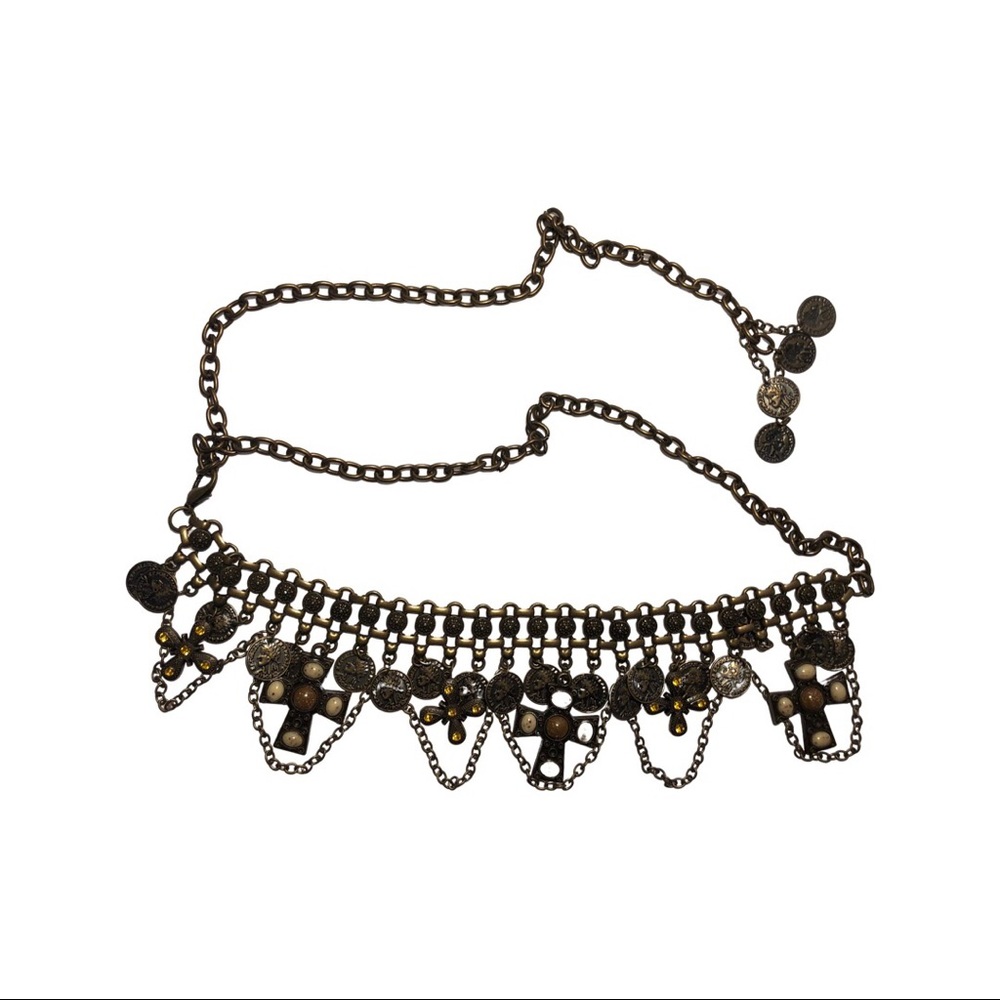 Brass / metal chain adjustable belt, with decorative coin pendants.